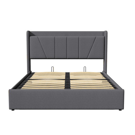 Cama de arrumação em linho 160x200cm com porta USB - cabeceira e base de ripas - cinza Cama de arrumação em linho 160x200cm com porta USB - cabeceira e base de ripas - cinza