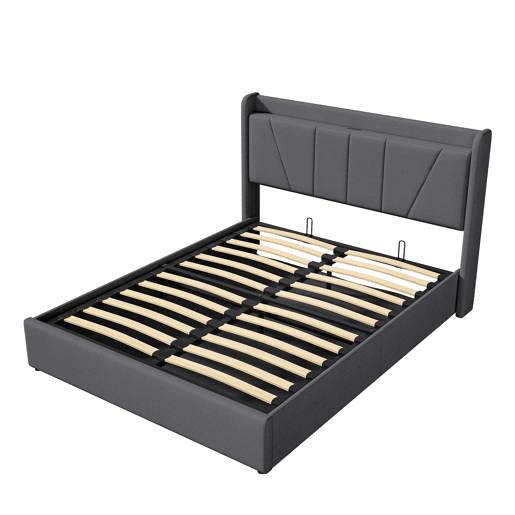 Cama de arrumação em linho 160x200cm com porta USB - cabeceira e base de ripas - cinza Cama de arrumação em linho 160x200cm com porta USB - cabeceira e base de ripas - cinza