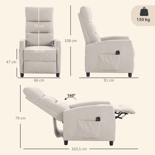 HOMCOM Poltrona de Massagem, Poltrona Relax Reclinável 160° com Comando, Apoio para Pés, 2 Zonas de Massagem, Encosto Alto, Assento com Molas, Bolsos, Estofada em Chenille, 66x91x108 cm Creme HOMCOM Poltrona de Massagem, Poltrona Relax Reclinável 160° com Comando, Apoio para Pés, 2 Zonas de Massagem, Encosto Alto, Assento com Molas, Bolsos, Estofada em Chenille, 66x91x108 cm Creme