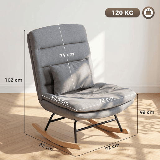 HOMCOM Cadeira de Baloiço em Linho com Almofada Lombar, Encosto Alto e Assento Largo de 72 cm, Dupla Camada, para Sala ou Quarto, Cinzento Claro HOMCOM Cadeira de Baloiço em Linho com Almofada Lombar, Encosto Alto e Assento Largo de 72 cm, Dupla Camada, para Sala ou Quarto, Cinzento Claro
