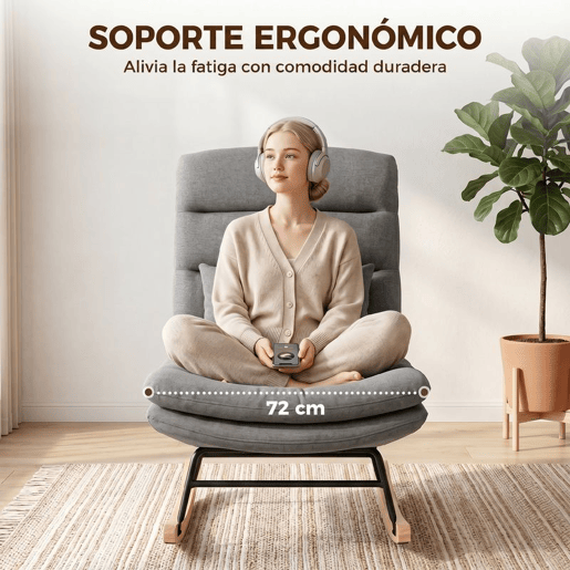HOMCOM Cadeira de Baloiço em Linho com Almofada Lombar, Encosto Alto e Assento Largo de 72 cm, Dupla Camada, para Sala ou Quarto, Cinzento Claro HOMCOM Cadeira de Baloiço em Linho com Almofada Lombar, Encosto Alto e Assento Largo de 72 cm, Dupla Camada, para Sala ou Quarto, Cinzento Claro