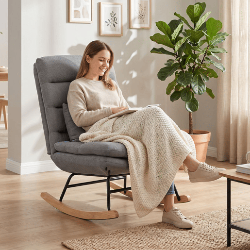 HOMCOM Cadeira de Baloiço em Linho com Almofada Lombar, Encosto Alto e Assento Largo de 72 cm, Dupla Camada, para Sala ou Quarto, Cinzento Claro HOMCOM Cadeira de Baloiço em Linho com Almofada Lombar, Encosto Alto e Assento Largo de 72 cm, Dupla Camada, para Sala ou Quarto, Cinzento Claro