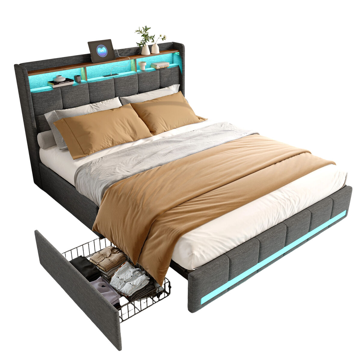 Cama doble con iluminación led rgb, cabecero con almacenaje y puertos usb/tipo c, 4 cajones, tapizada en lino gris – 140x190 cm