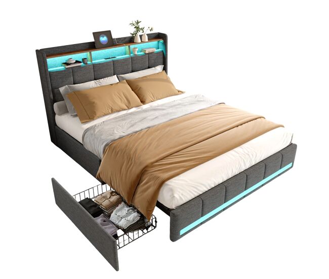 Cama doble con iluminación led rgb, cabecero con almacenaje y puertos usb/tipo c, 4 cajones, tapizada en lino gris – 140x190 cm
