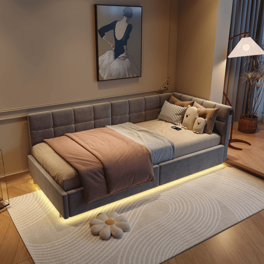 Cama de 90x200 cm com cabeceira de LED e espaço para armazenamento, carregamento USB e Tipo-C, iluminação RGB com controle remoto, design em veludo cinza. Cama de 90x200 cm com cabeceira de LED e espaço para armazenamento, carregamento USB e Tipo-C, iluminação RGB com controle remoto, design em veludo cinza.