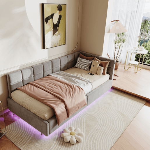 Cama de 90x200 cm com cabeceira de LED e espaço para armazenamento, carregamento USB e Tipo-C, iluminação RGB com controle remoto, design em veludo cinza. Cama de 90x200 cm com cabeceira de LED e espaço para armazenamento, carregamento USB e Tipo-C, iluminação RGB com controle remoto, design em veludo cinza.