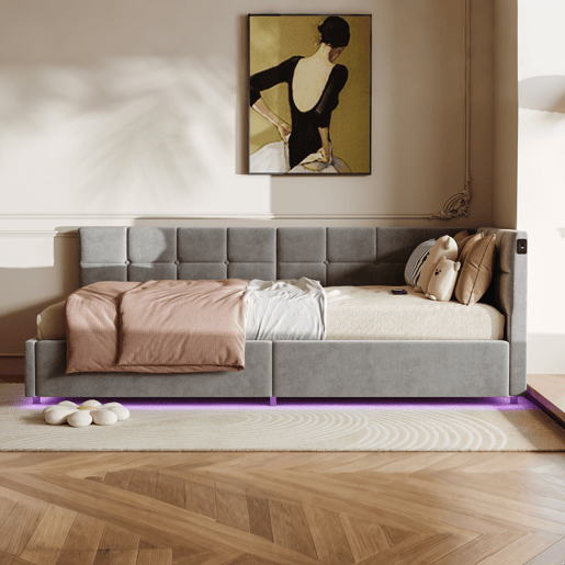 Cama de 90x200 cm com cabeceira de LED e espaço para armazenamento, carregamento USB e Tipo-C, iluminação RGB com controle remoto, design em veludo cinza. Cama de 90x200 cm com cabeceira de LED e espaço para armazenamento, carregamento USB e Tipo-C, iluminação RGB com controle remoto, design em veludo cinza.