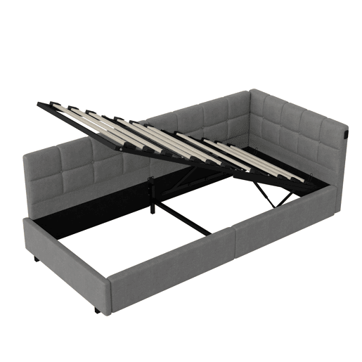 Cama de 90x200 cm com cabeceira de LED e espaço para armazenamento, carregamento USB e Tipo-C, iluminação RGB com controle remoto, design em veludo cinza. Cama de 90x200 cm com cabeceira de LED e espaço para armazenamento, carregamento USB e Tipo-C, iluminação RGB com controle remoto, design em veludo cinza.