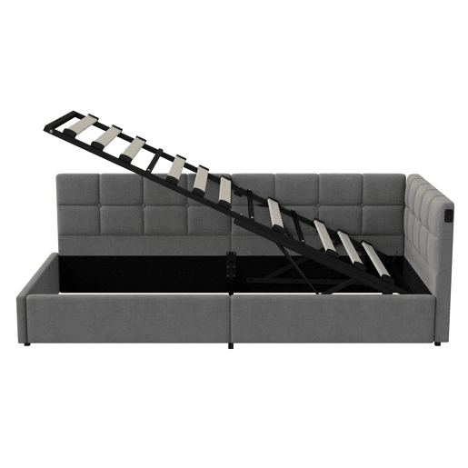 Cama de 90x200 cm com cabeceira de LED e espaço para armazenamento, carregamento USB e Tipo-C, iluminação RGB com controle remoto, design em veludo cinza. Cama de 90x200 cm com cabeceira de LED e espaço para armazenamento, carregamento USB e Tipo-C, iluminação RGB com controle remoto, design em veludo cinza.