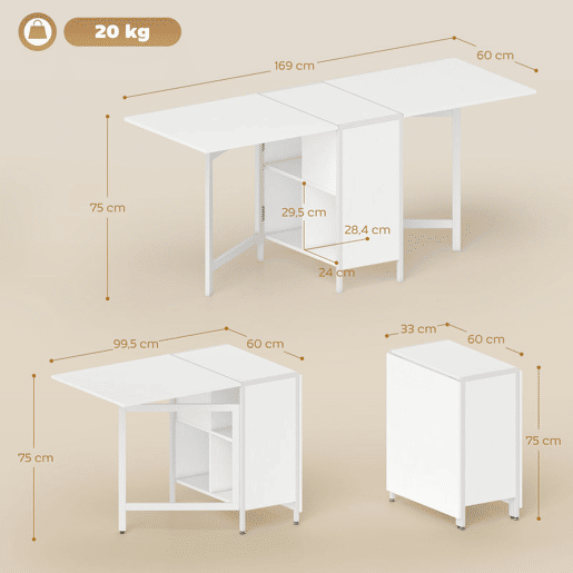 HOMCOM Mesa de Cozinha Dobrável com Arrumação Mesa de Refeição Compacta com 4 Prateleiras para Sala de Jantar Sala de Estar Mesa Auxiliar de Madeira 169x60x75 cm Branco HOMCOM Mesa de Cozinha Dobrável com Arrumação Mesa de Refeição Compacta com 4 Prateleiras para Sala de Jantar Sala de Estar Mesa Auxiliar de Madeira 169x60x75 cm Branco
