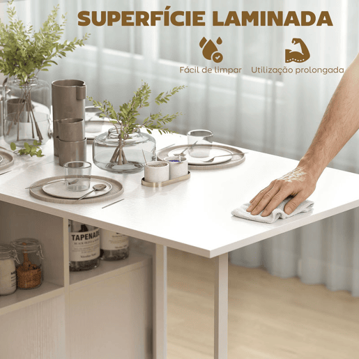 HOMCOM Mesa de Cozinha Dobrável com Arrumação Mesa de Refeição Compacta com 4 Prateleiras para Sala de Jantar Sala de Estar Mesa Auxiliar de Madeira 169x60x75 cm Branco HOMCOM Mesa de Cozinha Dobrável com Arrumação Mesa de Refeição Compacta com 4 Prateleiras para Sala de Jantar Sala de Estar Mesa Auxiliar de Madeira 169x60x75 cm Branco