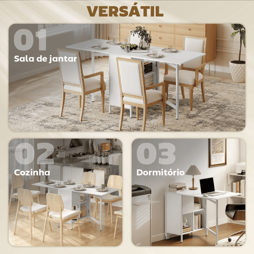 HOMCOM Mesa de Cozinha Dobrável com Arrumação Mesa de Refeição Compacta com 4 Prateleiras para Sala de Jantar Sala de Estar Mesa Auxiliar de Madeira 169x60x75 cm Branco HOMCOM Mesa de Cozinha Dobrável com Arrumação Mesa de Refeição Compacta com 4 Prateleiras para Sala de Jantar Sala de Estar Mesa Auxiliar de Madeira 169x60x75 cm Branco
