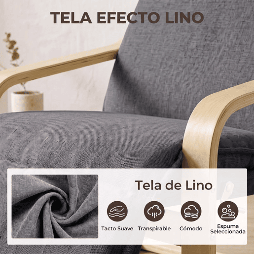 HOMCOM Poltrona de Baloiço com Apoio para os Pés, Tecido Efeito Linho, Encosto Alto, Assento Largo, para Sala, Quarto ou Escritório, Cinzento Escuro