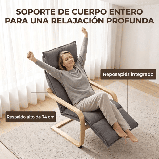 HOMCOM Poltrona de Baloiço com Apoio para os Pés, Tecido Efeito Linho, Encosto Alto, Assento Largo, para Sala, Quarto ou Escritório, Cinzento Escuro