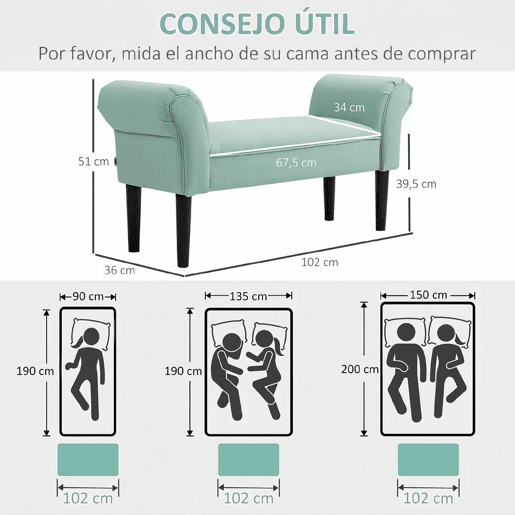 HOMCOM Banco de Fundo de Cama, Banqueta Estofada em Lona com Pés de Madeira, Apoio para Braços e Assento Almofadado, Estilo Moderno para Quarto, Entrada, Corredor, Verde Claro