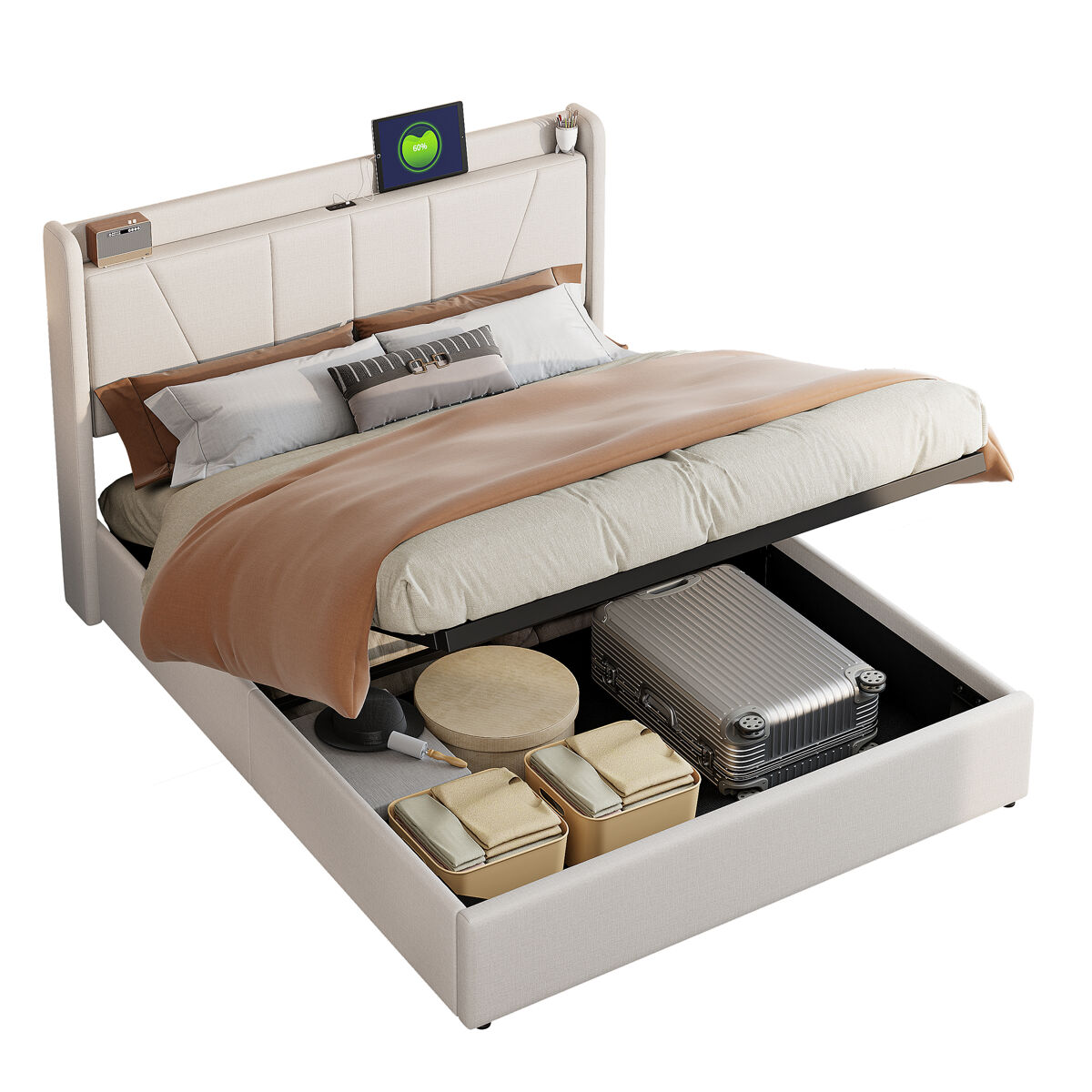Cama canapé de lino de 140x200 cm con puerto usb - cabecero y somier de láminas - beige