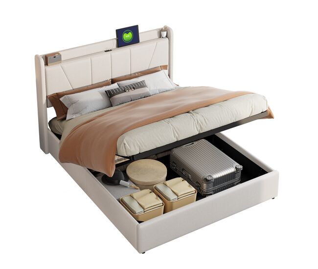 Cama canapé de lino de 140x200 cm con puerto usb - cabecero y somier de láminas - beige