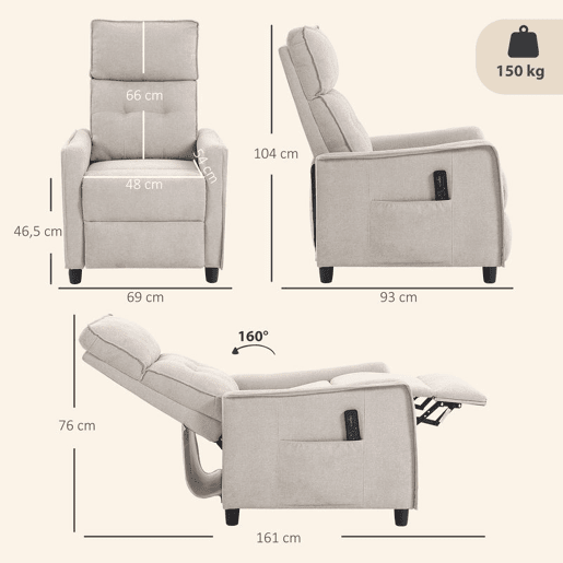 HOMCOM Poltrona de Massagem Reclinável 160° com Comando, Apoia-pés, 2 Zonas de Massagem, Assento com Molas, Bolsos, Revestimento em Linho Respirável para Sala, 58,5x93x104 cm, Creme HOMCOM Poltrona de Massagem Reclinável 160° com Comando, Apoia-pés, 2 Zonas de Massagem, Assento com Molas, Bolsos, Revestimento em Linho Respirável para Sala, 58,5x93x104 cm, Creme
