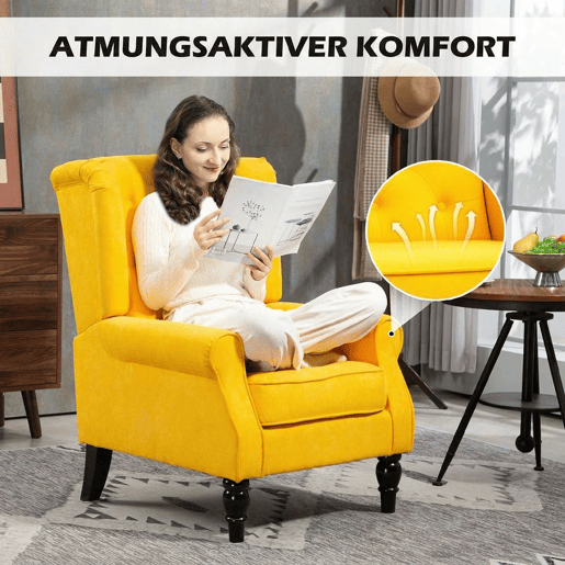 HOMCOM Poltrona Clássica, Cadeira de Sala com Apoios de Braço e Pernas de Madeira, Sofá Individual com Capacidade de 160 kg para Quarto, Escritório e Sala, Amarelo