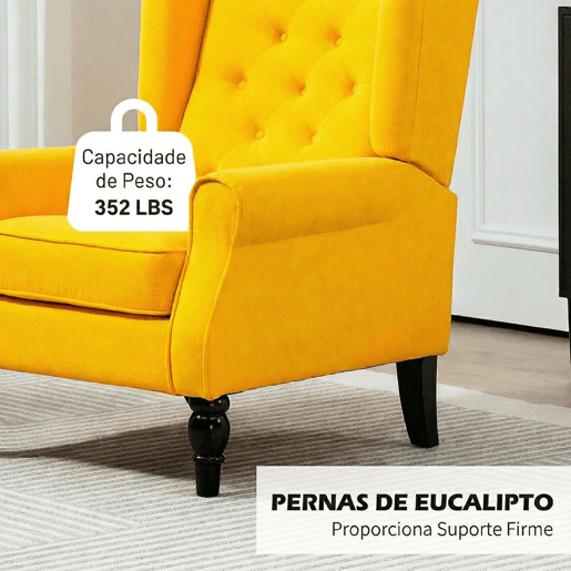 HOMCOM Poltrona Clássica, Cadeira de Sala com Apoios de Braço e Pernas de Madeira, Sofá Individual com Capacidade de 160 kg para Quarto, Escritório e Sala, Amarelo