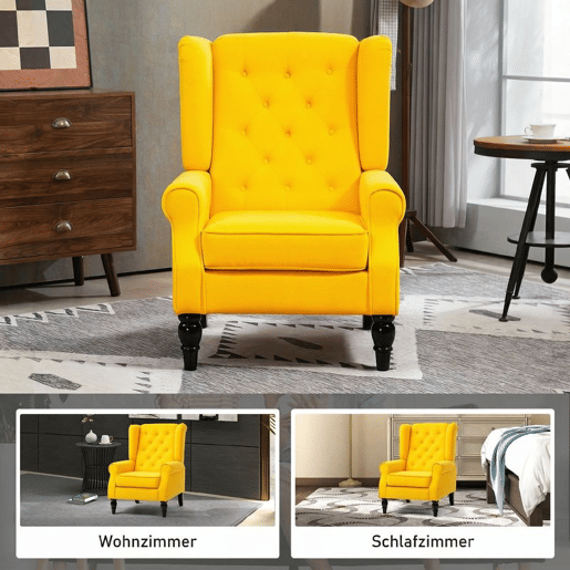 HOMCOM Poltrona Clássica, Cadeira de Sala com Apoios de Braço e Pernas de Madeira, Sofá Individual com Capacidade de 160 kg para Quarto, Escritório e Sala, Amarelo