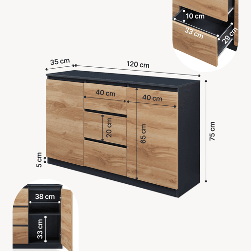 Aparador Kyr 2 portas e 3 gavetas 120x40x75 cm pretocarvalho rĂºstico en.casa Aparador Kyr 2 portas e 3 gavetas 120x40x75 cm pretocarvalho rĂºstico en.casa