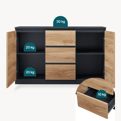 Aparador Kyr 2 portas e 3 gavetas 120x40x75 cm pretocarvalho rĂºstico en.casa Aparador Kyr 2 portas e 3 gavetas 120x40x75 cm pretocarvalho rĂºstico en.casa