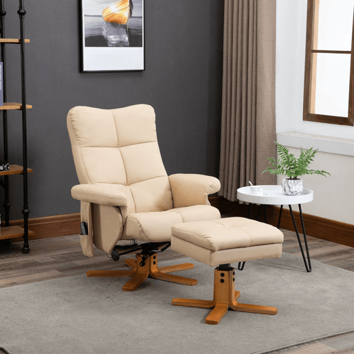 HOMCOM Poltrona Relax Reclinável com Apoio de Pés, 10 Pontos de Massagem, Função Giratória 360°, Comando à Distância, Bolso Lateral, Creme HOMCOM Poltrona Relax Reclinável com Apoio de Pés, 10 Pontos de Massagem, Função Giratória 360°, Comando à Distância, Bolso Lateral, Creme