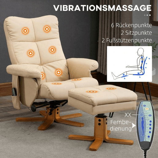 HOMCOM Poltrona Relax Reclinável com Apoio de Pés, 10 Pontos de Massagem, Função Giratória 360°, Comando à Distância, Bolso Lateral, Creme HOMCOM Poltrona Relax Reclinável com Apoio de Pés, 10 Pontos de Massagem, Função Giratória 360°, Comando à Distância, Bolso Lateral, Creme