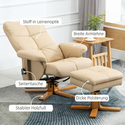 HOMCOM Poltrona Relax Reclinável com Apoio de Pés, 10 Pontos de Massagem, Função Giratória 360°, Comando à Distância, Bolso Lateral, Creme HOMCOM Poltrona Relax Reclinável com Apoio de Pés, 10 Pontos de Massagem, Função Giratória 360°, Comando à Distância, Bolso Lateral, Creme