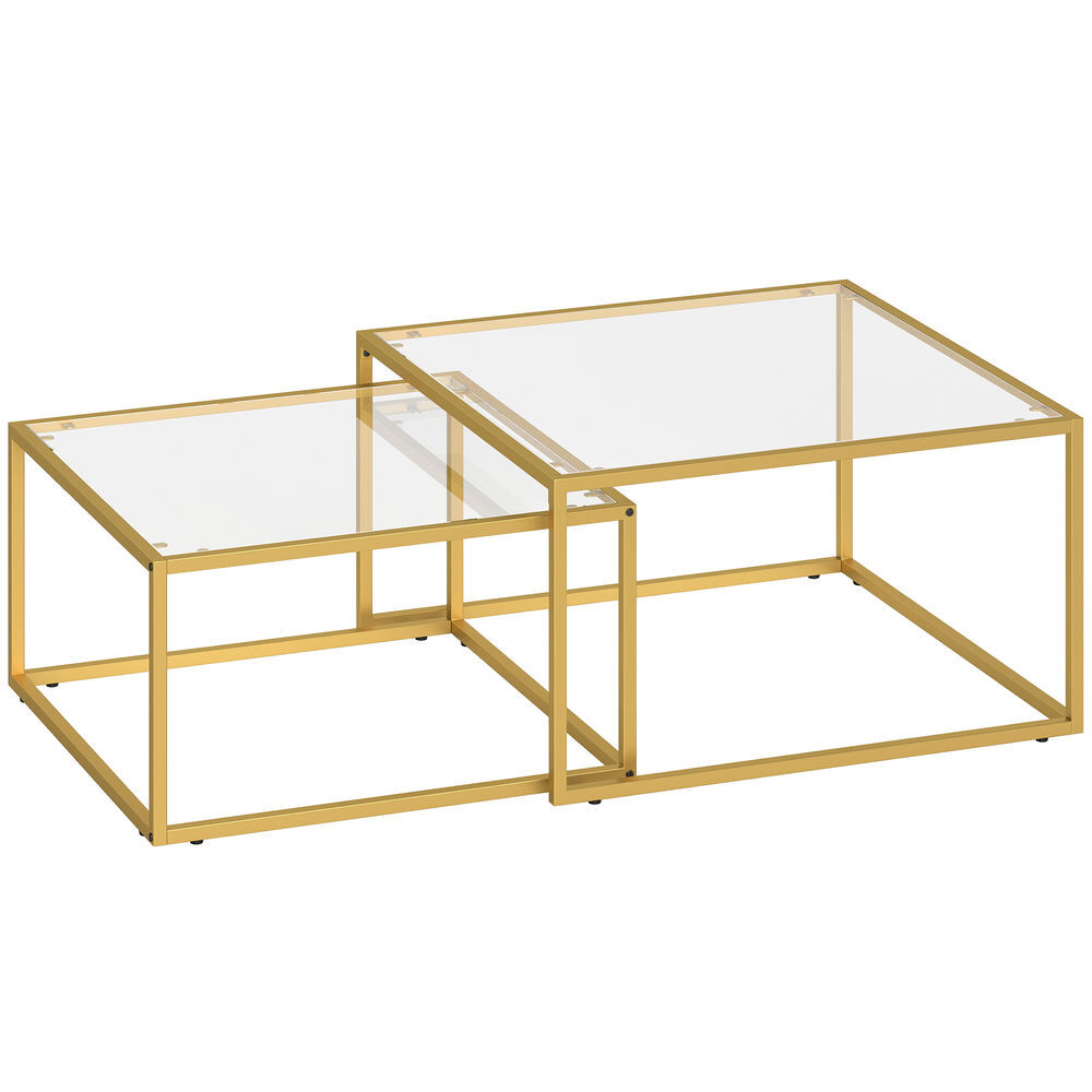 homcom set de 2 mesas de centro cuadradas mesas nido modernas con tablero de vidrio templado y estructura metalica ahorra espacio para salon dormitorio u oficina 75x75x42 cm dorado