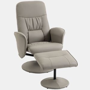 HOMCOM Cadeira Relax Reclinável com Otomana, Cadeira Relax em Couro Sintético com Encosto Alto, Giratória 360°, Apoios de Braços, para Sala ou Quarto, Bege Cinzento