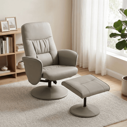 HOMCOM Cadeira Relax Reclinável com Otomana, Cadeira Relax em Couro Sintético com Encosto Alto, Giratória 360°, Apoios de Braços, para Sala ou Quarto, Bege Cinzento HOMCOM Cadeira Relax Reclinável com Otomana, Cadeira Relax em Couro Sintético com Encosto Alto, Giratória 360°, Apoios de Braços, para Sala ou Quarto, Bege Cinzento