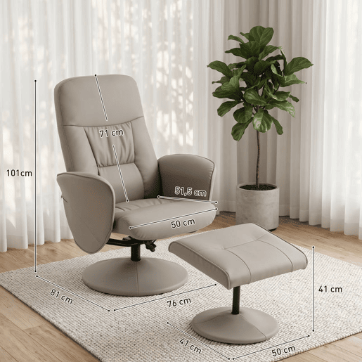 HOMCOM Cadeira Relax Reclinável com Otomana, Cadeira Relax em Couro Sintético com Encosto Alto, Giratória 360°, Apoios de Braços, para Sala ou Quarto, Bege Cinzento HOMCOM Cadeira Relax Reclinável com Otomana, Cadeira Relax em Couro Sintético com Encosto Alto, Giratória 360°, Apoios de Braços, para Sala ou Quarto, Bege Cinzento