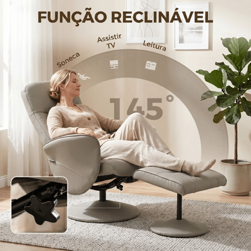 HOMCOM Cadeira Relax Reclinável com Otomana, Cadeira Relax em Couro Sintético com Encosto Alto, Giratória 360°, Apoios de Braços, para Sala ou Quarto, Bege Cinzento HOMCOM Cadeira Relax Reclinável com Otomana, Cadeira Relax em Couro Sintético com Encosto Alto, Giratória 360°, Apoios de Braços, para Sala ou Quarto, Bege Cinzento