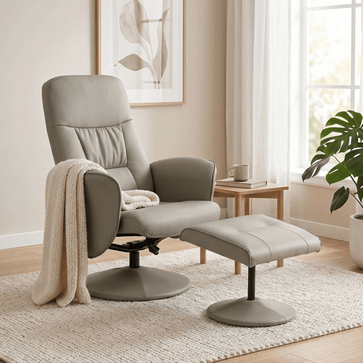 HOMCOM Cadeira Relax Reclinável com Otomana, Cadeira Relax em Couro Sintético com Encosto Alto, Giratória 360°, Apoios de Braços, para Sala ou Quarto, Bege Cinzento HOMCOM Cadeira Relax Reclinável com Otomana, Cadeira Relax em Couro Sintético com Encosto Alto, Giratória 360°, Apoios de Braços, para Sala ou Quarto, Bege Cinzento