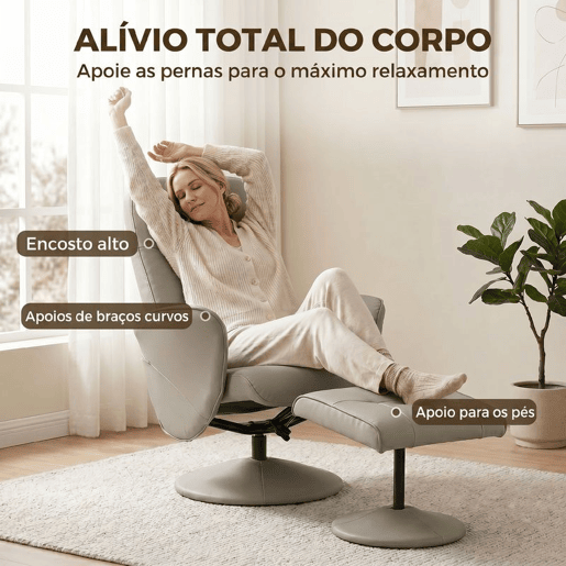HOMCOM Cadeira Relax Reclinável com Otomana, Cadeira Relax em Couro Sintético com Encosto Alto, Giratória 360°, Apoios de Braços, para Sala ou Quarto, Bege Cinzento HOMCOM Cadeira Relax Reclinável com Otomana, Cadeira Relax em Couro Sintético com Encosto Alto, Giratória 360°, Apoios de Braços, para Sala ou Quarto, Bege Cinzento