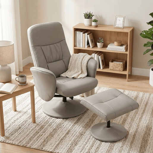 HOMCOM Cadeira Relax Reclinável com Otomana, Cadeira Relax em Couro Sintético com Encosto Alto, Giratória 360°, Apoios de Braços, para Sala ou Quarto, Bege Cinzento HOMCOM Cadeira Relax Reclinável com Otomana, Cadeira Relax em Couro Sintético com Encosto Alto, Giratória 360°, Apoios de Braços, para Sala ou Quarto, Bege Cinzento