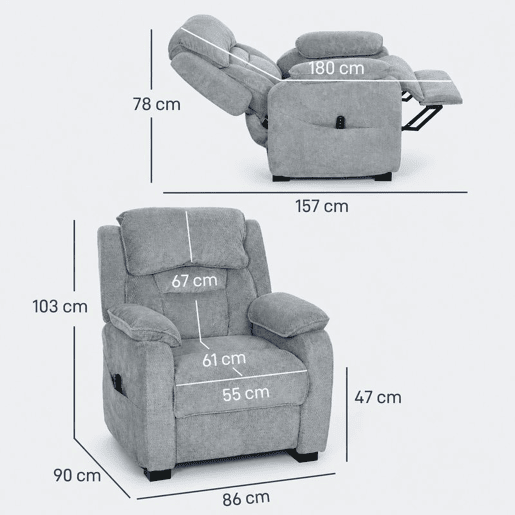 HOMCOM Cadeirão Relax Reclinável Elétrico com Motor Silencioso, 2 Posições de Memória, Apoio para os Pés, Apoio de Cabeça, USB e Bolsos Laterais, Cinzento Claro