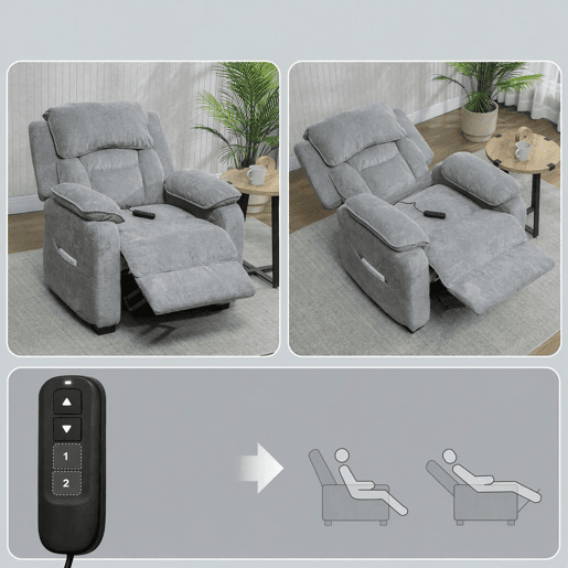 HOMCOM Cadeirão Relax Reclinável Elétrico com Motor Silencioso, 2 Posições de Memória, Apoio para os Pés, Apoio de Cabeça, USB e Bolsos Laterais, Cinzento Claro