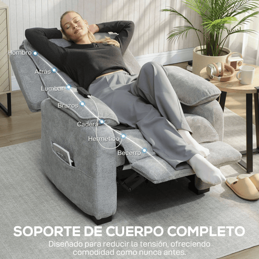 HOMCOM Cadeirão Relax Reclinável Elétrico com Motor Silencioso, 2 Posições de Memória, Apoio para os Pés, Apoio de Cabeça, USB e Bolsos Laterais, Cinzento Claro