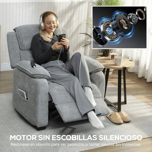 HOMCOM Cadeirão Relax Reclinável Elétrico com Motor Silencioso, 2 Posições de Memória, Apoio para os Pés, Apoio de Cabeça, USB e Bolsos Laterais, Cinzento Claro