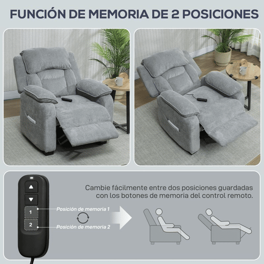 HOMCOM Cadeirão Relax Reclinável Elétrico com Motor Silencioso, 2 Posições de Memória, Apoio para os Pés, Apoio de Cabeça, USB e Bolsos Laterais, Cinzento Claro