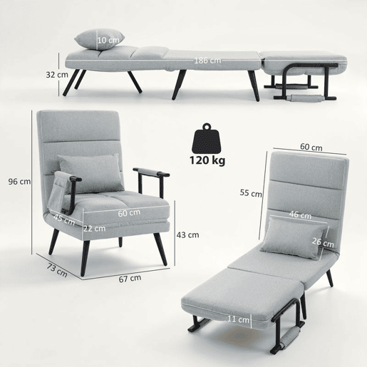 HOMCOM Cadeirão-Cama Individual 3 em 1, Poltrona Dobrável com Encosto Reclinável, Almofada e Tecido Efeito Linho, 67x73x96 cm, Cinza-Claro HOMCOM Cadeirão-Cama Individual 3 em 1, Poltrona Dobrável com Encosto Reclinável, Almofada e Tecido Efeito Linho, 67x73x96 cm, Cinza-Claro