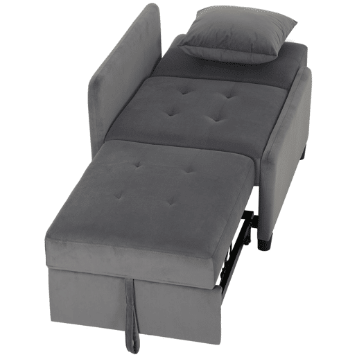 HOMCOM Sofá-Cama Individual 4 em 1 em Veludo Sintético, Cadeirão-Cama com Encosto Ajustável, Módulo Extraível, Bolsos Laterais e Almofada com Capa Lavável, Cinzento Escuro