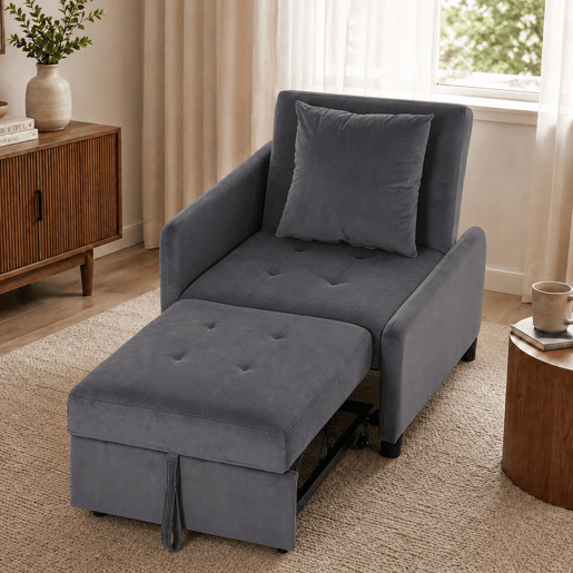 HOMCOM Sofá-Cama Individual 4 em 1 em Veludo Sintético, Cadeirão-Cama com Encosto Ajustável, Módulo Extraível, Bolsos Laterais e Almofada com Capa Lavável, Cinzento Escuro