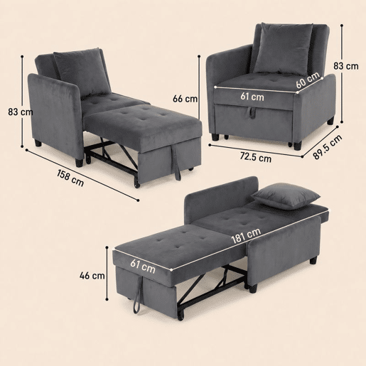 HOMCOM Sofá-Cama Individual 4 em 1 em Veludo Sintético, Cadeirão-Cama com Encosto Ajustável, Módulo Extraível, Bolsos Laterais e Almofada com Capa Lavável, Cinzento Escuro