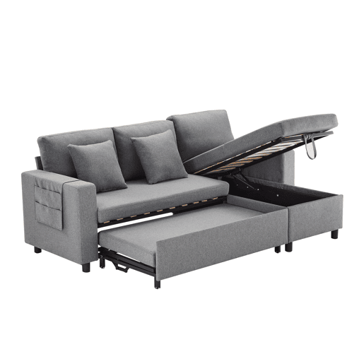 Sofá-cama em forma de L com 3 lugares - Chaise longue intercambiável, com arrumação, cinzento escuro Sofá-cama em forma de L com 3 lugares - Chaise longue intercambiável, com arrumação, cinzento escuro
