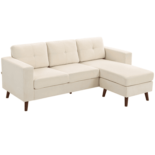 HOMCOM Sofá Chaise Longue Reversível de 3 Lugares, Sofá de Canto em L, Estofado em Veludo, Estrutura de Aço, Para Espaços Pequenos, Sala, 192x137x84 cm, Creme HOMCOM Sofá Chaise Longue Reversível de 3 Lugares, Sofá de Canto em L, Estofado em Veludo, Estrutura de Aço, Para Espaços Pequenos, Sala, 192x137x84 cm, Creme