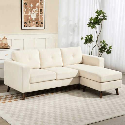 HOMCOM Sofá Chaise Longue Reversível de 3 Lugares, Sofá de Canto em L, Estofado em Veludo, Estrutura de Aço, Para Espaços Pequenos, Sala, 192x137x84 cm, Creme HOMCOM Sofá Chaise Longue Reversível de 3 Lugares, Sofá de Canto em L, Estofado em Veludo, Estrutura de Aço, Para Espaços Pequenos, Sala, 192x137x84 cm, Creme